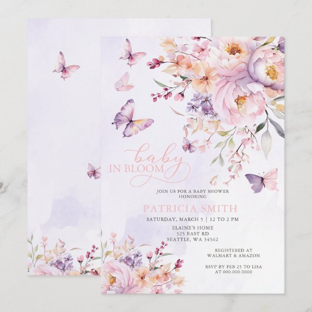 Invitation Bébé en fleur Baby shower de papillons rose pourpr (Devant / Derrière)
