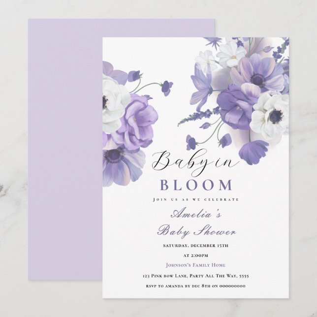Invitation Bébé en Fleur Baby shower Élégant Flore pourpre (Devant / Derrière)