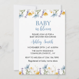 Invitation Bébé en Fleur Baby Shower Fleur Sauvage Bleue