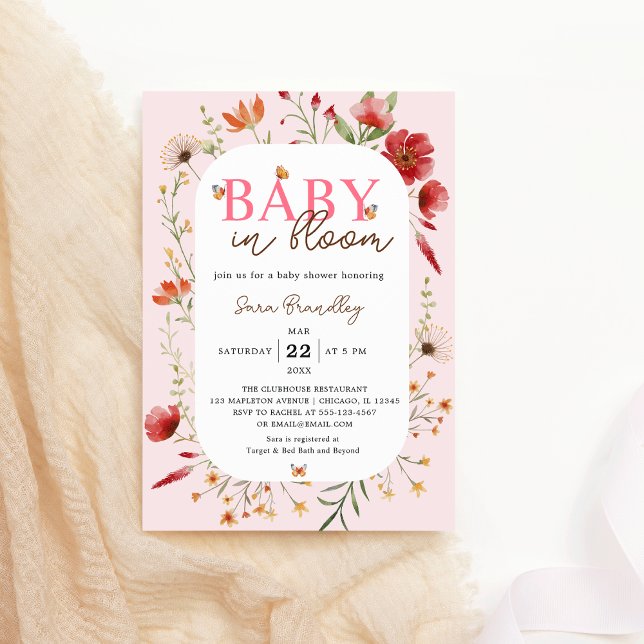 Invitation Bébé en fleur Baby shower Fleur sauvage rose-doux (Baby in Bloom Soft Pink Boho  Wildflowers Butterfly Baby Shower Invitation
)