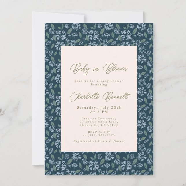 Invitation Bébé en fleur Baby shower floral bleu marine (Devant)