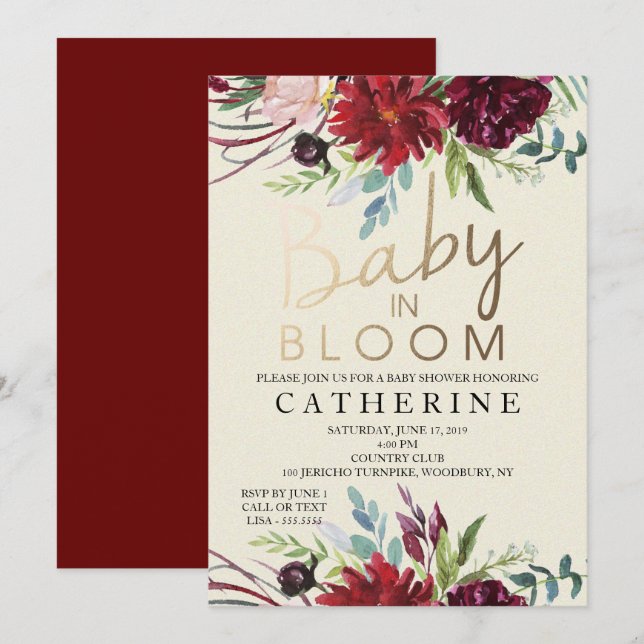 Invitation Bébé En Fleur, Baby shower Floral Bourgogne (Devant / Derrière)