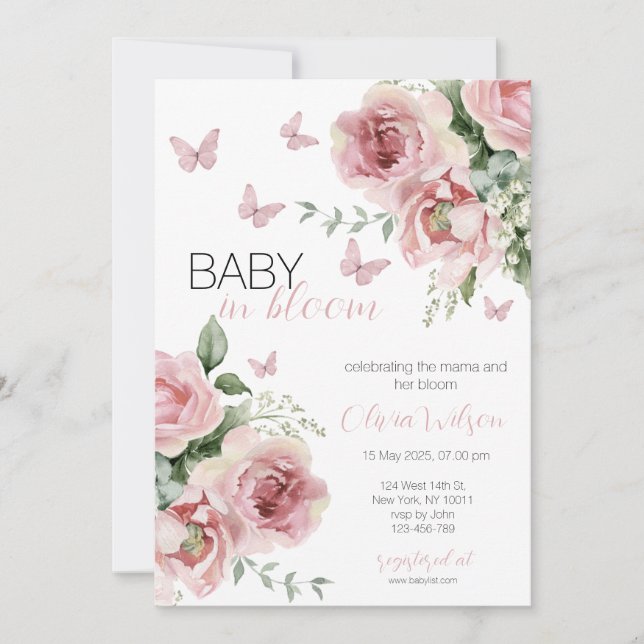 Invitation Bébé en Fleur Baby shower Floral & Papillon (Devant)
