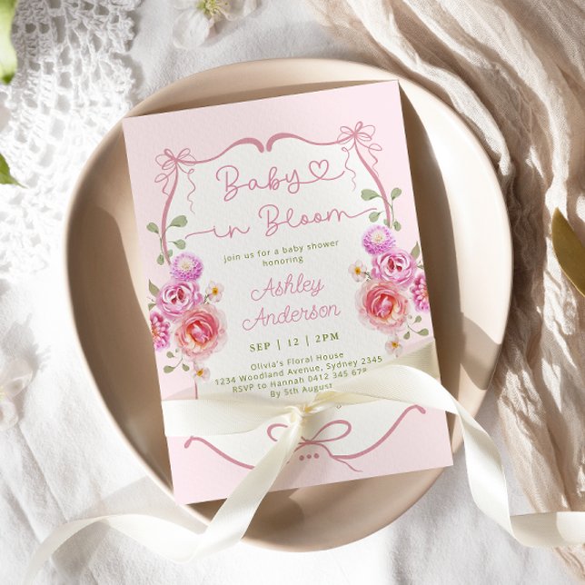 Invitation Bébé en fleur Baby shower floral rose Bow (Créateur téléchargé)