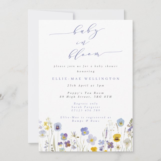 Invitation Bébé en Fleur Baby shower Pansies bleu et jaune (Devant)