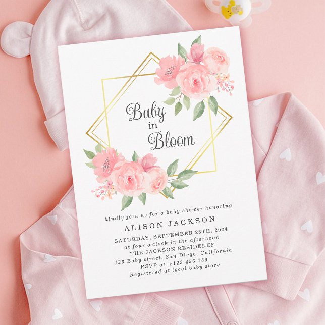 Invitation Bébé en Fleur Baby shower rose Floral Gold Frame (Baby in bloom baby shower invitation)