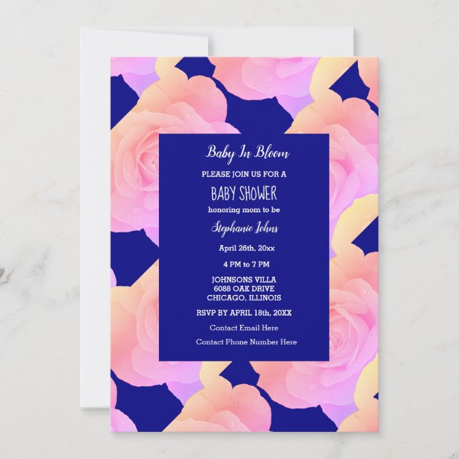Invitation Bébé En Fleur Baby shower Rose Rose Floral Bleu (Devant)