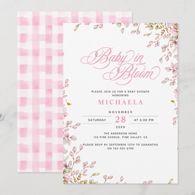 Invitation Bébé en fleur Baby shower rustique aquarelle Feuil (Devant / Derrière)