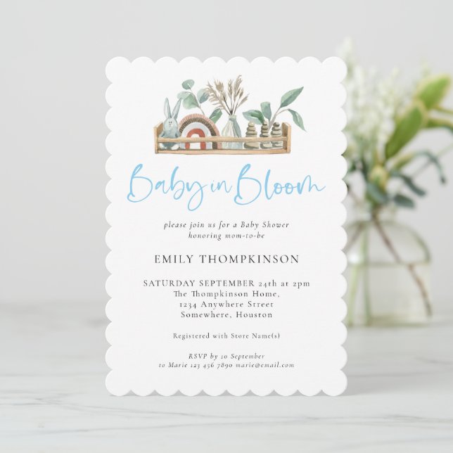 Invitation Bébé En Fleur Bleu Boho Jouets Garçon Douche Invit (Debout devant)