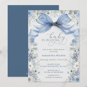 Invitation Bébé en Fleur Bleu Bow Floral Boy Baby shower