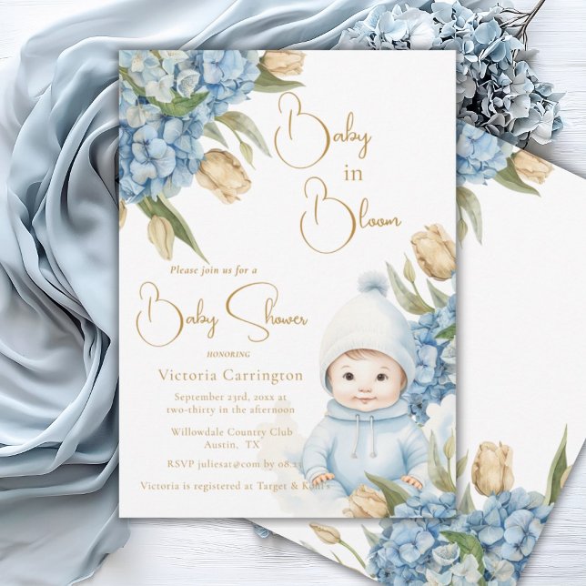 Invitation Bébé en Fleur Bleu Floral Bébé Garçon (Créateur téléchargé)