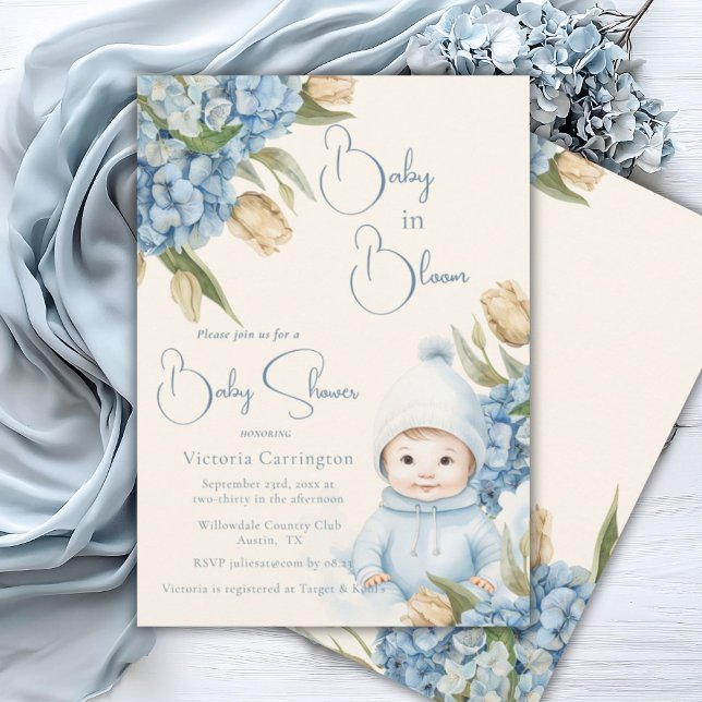 Invitation Bébé en Fleur Bleu Garçon bébé (Créateur téléchargé)