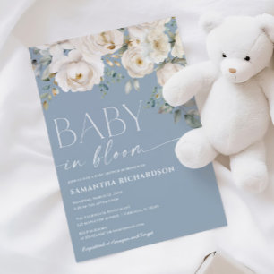 Invitation Bébé en Fleur bleu poussiéreux blanc fleuri garçon