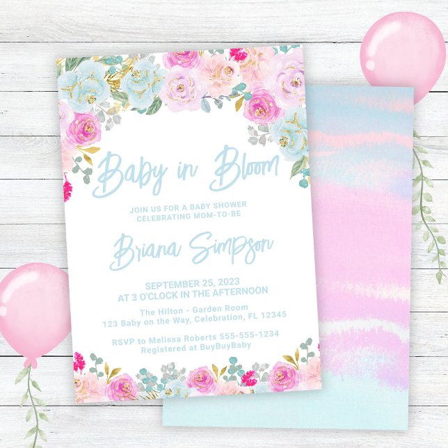 Invitation Bébé en Fleur bleu rose Pêche Baby shower floral (Créateur téléchargé)