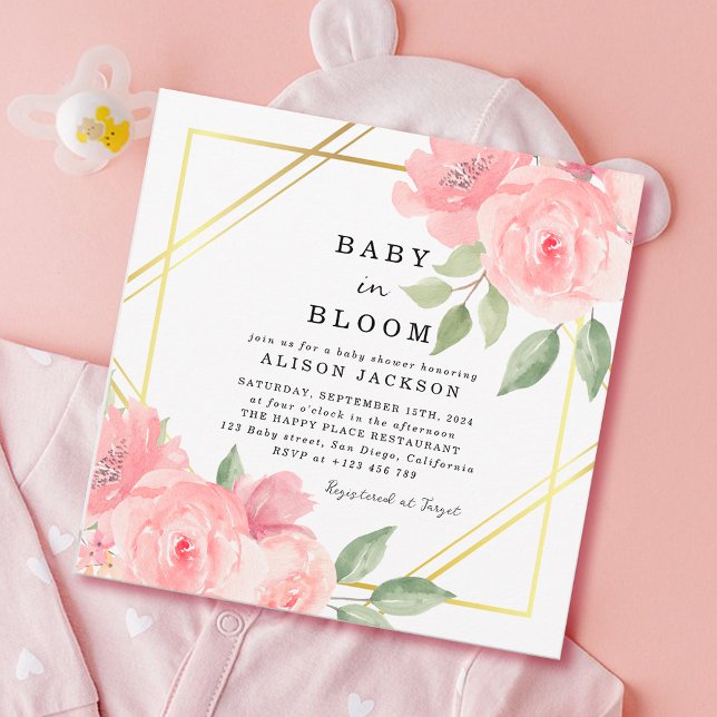 Invitation Bébé en Fleur Blush Baby shower Floral Rose or (Baby in Bloom Baby Shower Invitation)