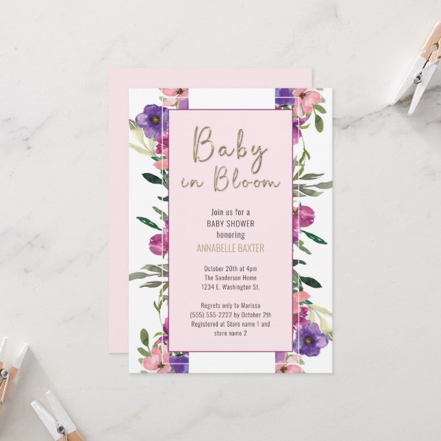Invitation Bébé en Fleur Blush Floral Aquarelle Baby shower (Devant/Arrière en situation)