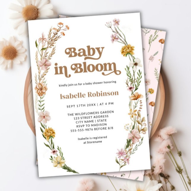 Invitation Bébé en Fleur Boho Chic Floral Baby shower rose (Baby in Bloom Boho Chic Floral Pink Baby Shower Invitation)