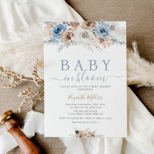 Invitation bébé en fleur boho floral bleu poussiéreux baby sh (Créateur téléchargé)