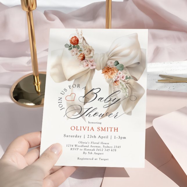 Invitation Bébé en fleur Bow blanc Chute Baby shower floral (Créateur téléchargé)