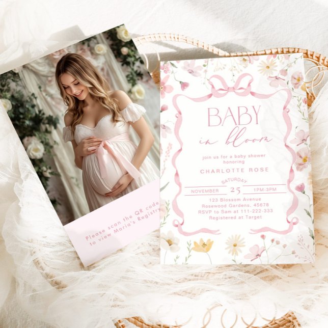 Invitation Bébé en fleur Bow rose Qr Code baby shower photo (Créateur téléchargé)