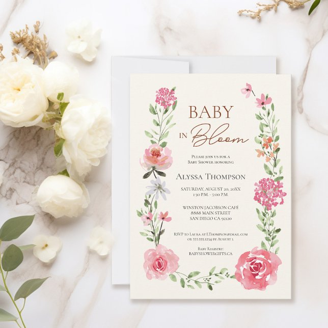 Invitation Bébé en fleur d'aquarelle Baby shower (Baby In bloom baby shower invitation watercolor flowers.)
