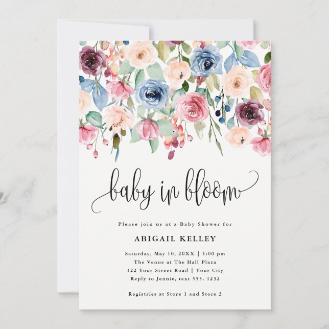 Invitation Bébé en fleur d'aquarelle en fleur Baby shower fro (Devant)