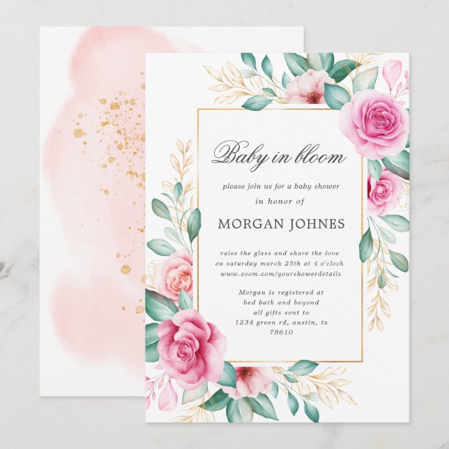 Invitation bébé en fleur délicat baby shower rose floral (Devant / Derrière)