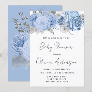 Invitation Bébé en fleur Dusty Baby shower bleu pivoine
