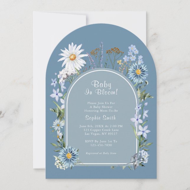 Invitation Bébé en fleur Dusty Baby shower botanique bleu (Devant)