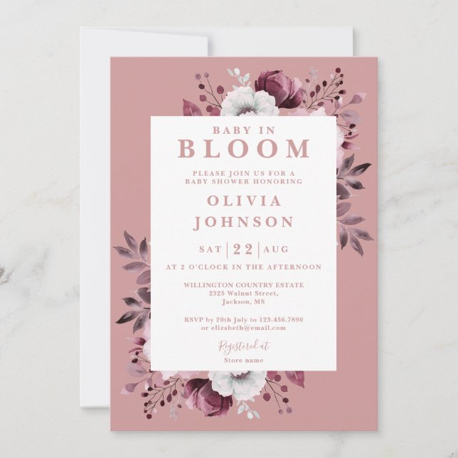 Invitation Bébé En Fleur Dusty Rose Baby shower Floral Modern (Devant)