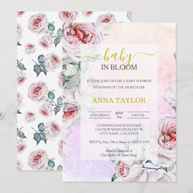 Invitation Bébé en fleur Élégant Baby shower rose floral (Devant / Derrière)