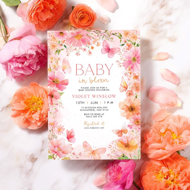 Invitation Bébé en Fleur Fleur sauvage de papillon Baby showe (Bright Baby in Bloom Baby Shower invitation with flowers and butterflies)