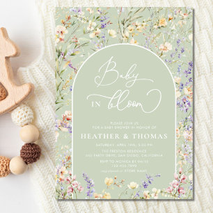 Invitation Bébé en fleur Fleur sauvage QR Sage Baby shower ve