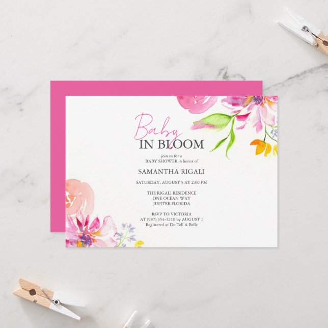 Invitation Bébé En Fleur Floral Aquarelle Douche (Devant/Arrière en situation)