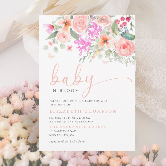 Invitation Bébé en Fleur Jardin ensoleillé Jardin floral Baby (baby in bloom invitation colorful floral elegant modern calligraphy sunny garden party backyard)