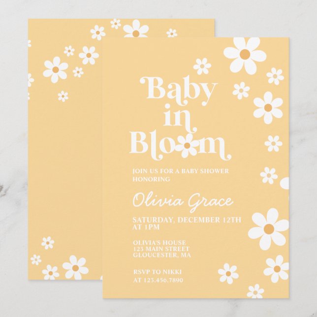 Invitation Bébé en fleur jaune Baby shower de marguerite Invi (Devant / Derrière)