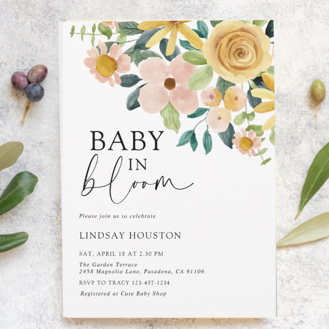 Invitation Bébé en Fleur Jaune Floral (Créateur téléchargé)