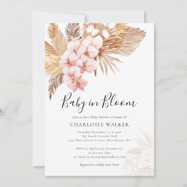 Invitation Bébé en Fleur Pampas Rose Floral Chaussure Automne (Devant)
