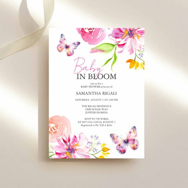 Invitation Bébé En Fleur Papillon Floral Aquarelle Douche (Butterfly and floral baby shower invitations feature unique watercolor art by Victoria Grigaliunas)