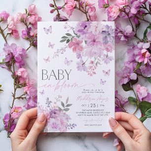 Invitation Bébé en Fleur Papillon Floral Purple Baby shower