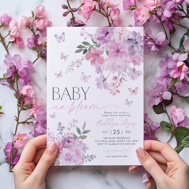Invitation Bébé en Fleur Papillon Floral Purple Baby shower (Baby in Bloom Butterfly Baby Shower Invitation | Pink and Purple Flowers and Butterflies)