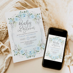 Invitation Bébé en Fleur Pastel Blue Argent Floral Boy Douche