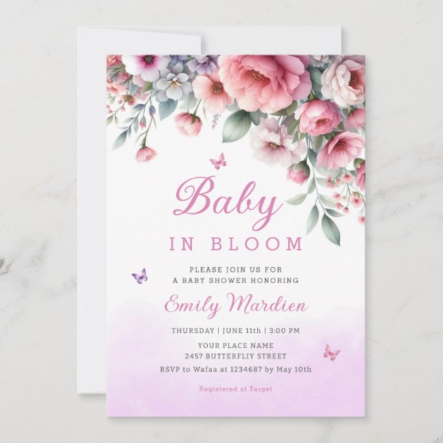 Invitation Bébé En Fleur Printemps rose Floral Fille Baby sho (Devant)