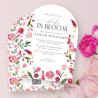 Invitation Bébé en fleur QR Code Aquarelle Floral Douche