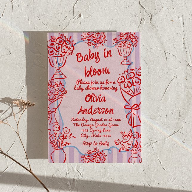 Invitation Bébé en fleur rose Baby shower de fleurs dessinées (Créateur téléchargé)