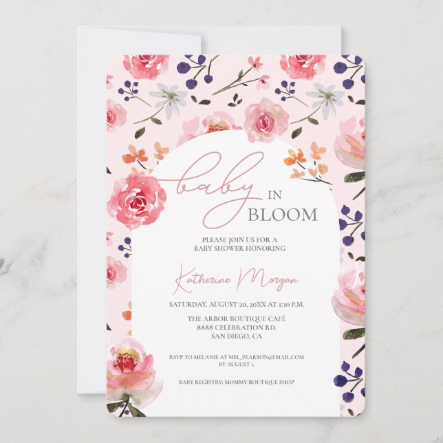 Invitation Bébé en Fleur rose Baby shower Floral aquarelle (Devant)