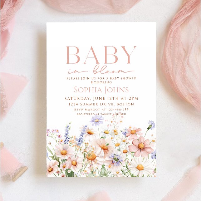 Invitation Bébé en fleur rose fleur sauvage Baby shower fille (Créateur téléchargé)