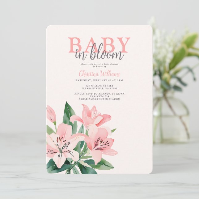 Invitation Bébé en Fleur rose Floral Baby shower fille (Debout devant)