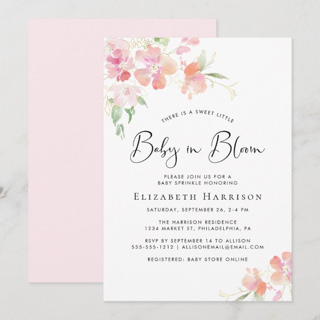 Invitation Bébé en Fleur Rose Floral Bébé Sprinkle (Devant / Derrière)