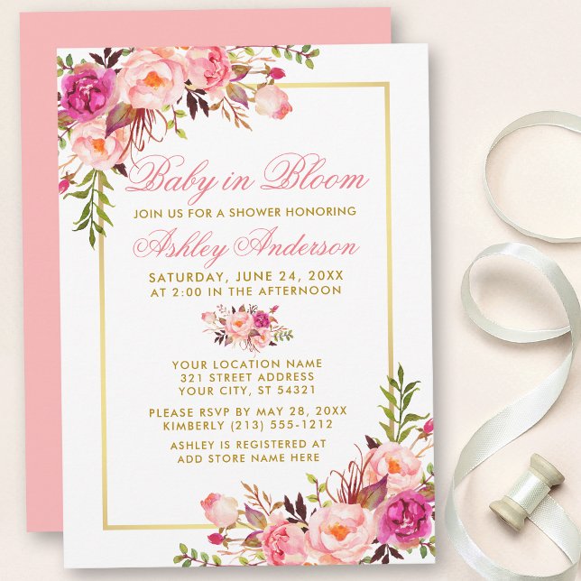 Invitation Bébé En Fleur Rose Floral Blush Or Douche (Customize to change text color, text style or color of back of card.)